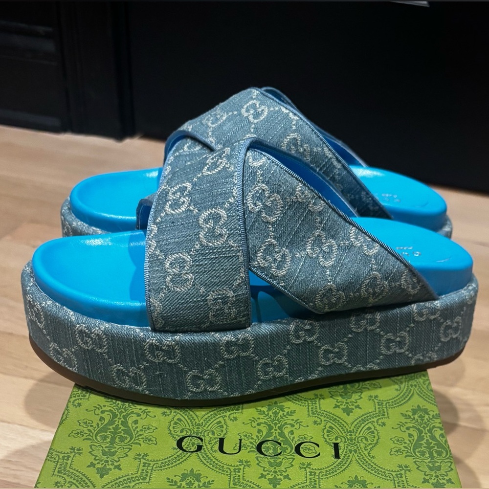 Gucci Denim Blue Platform Slides